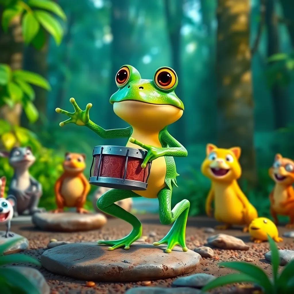 A frog playing drums made of leaves and stones, hopping joyfully, other animals watching and smiling, forest background, lively and animated scene, bright colors