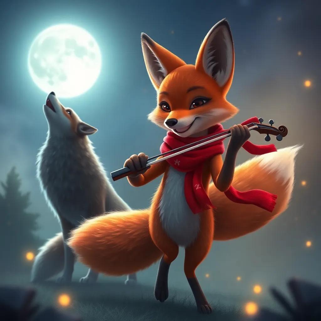 A fox wearing a red scarf playing a violin, dancing in front of the moonlight, with a wolf howling softly, magical atmosphere, gentle light, fantasy