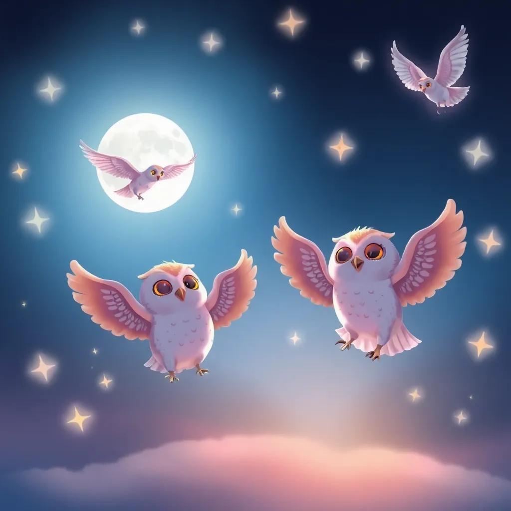Owls dancing in the moonlight, flying in playful circles, surrounded by twinkling stars, soft colors, enchanting scene, filled with joy