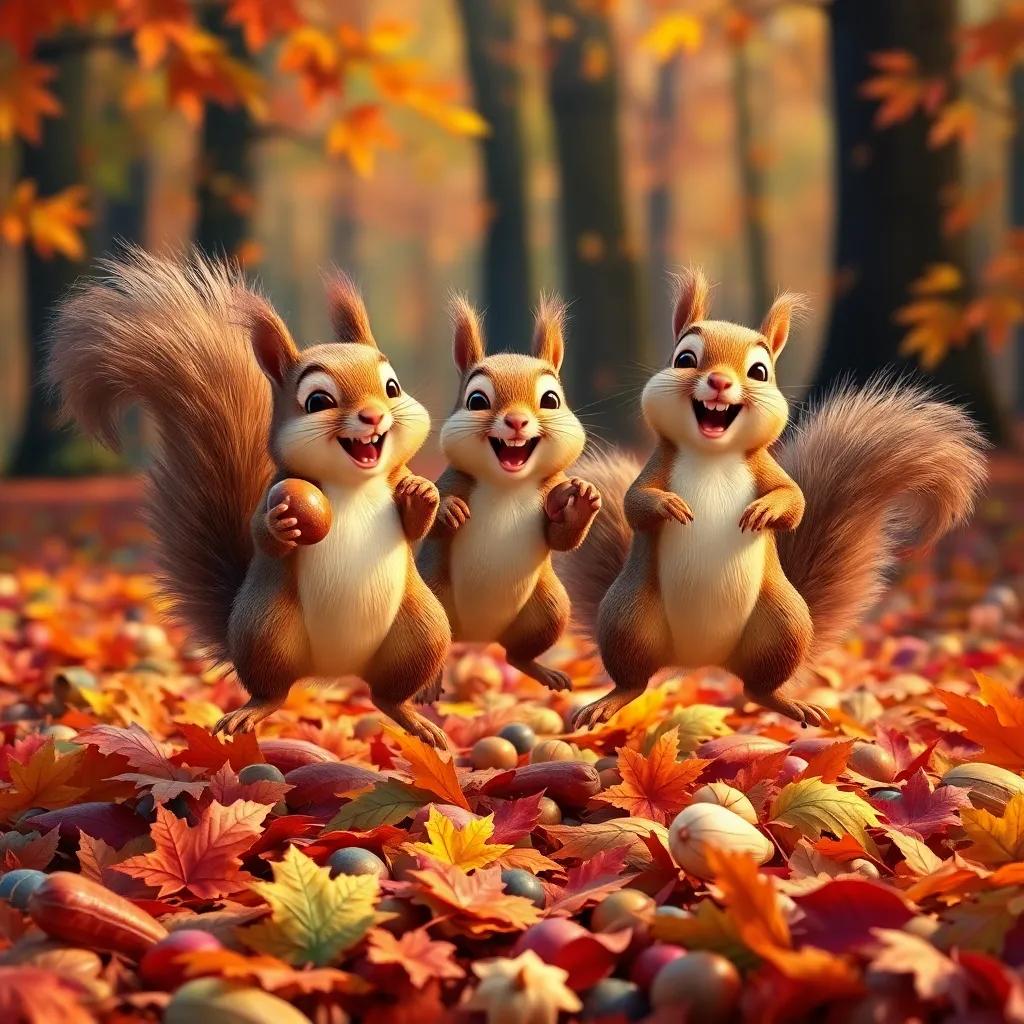 Squirrels jumping around with nuts, making noise and laughter, colorful autumn leaves, forest floor filled with joy, fun and playfulness, bright colors