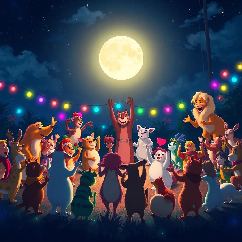 A nighttime scene with animals in a large circle, celebrating under the moon, everyone dancing, colorful lights, festive atmosphere, joyful expressions