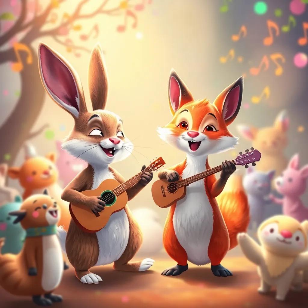 A rabbit and fox playing a duet together, surrounded by happy animals dancing, vibrant colors, happiness in the air, musical notes floating around