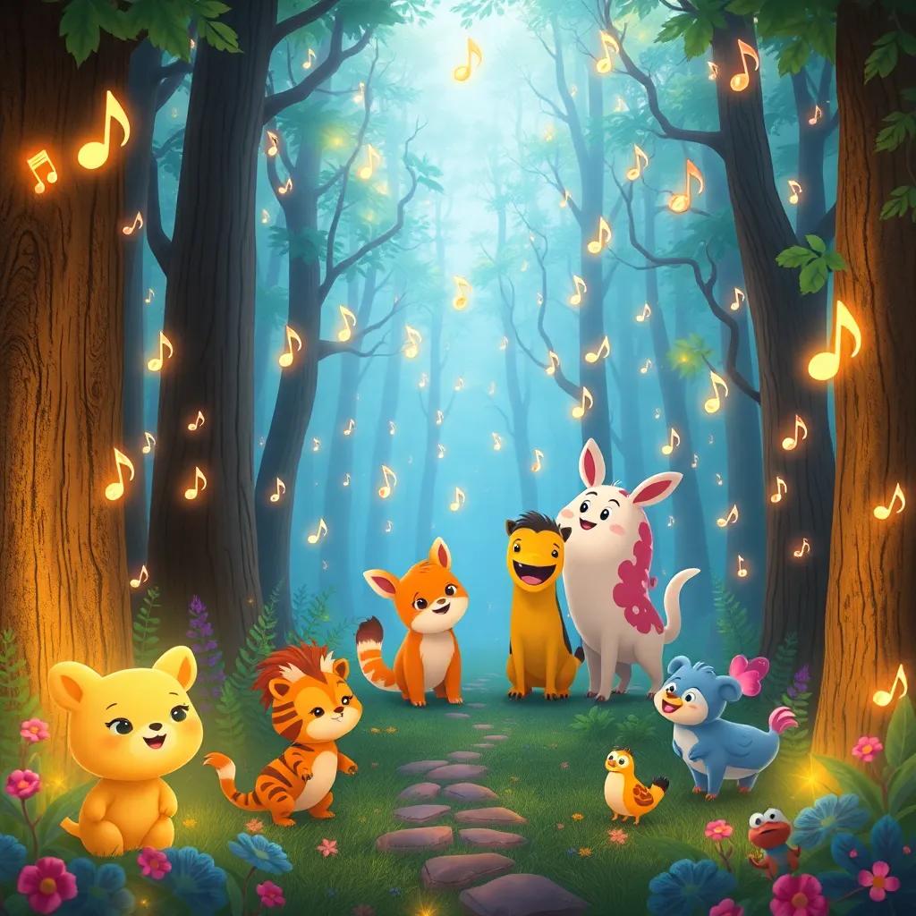 A forest filled with music notes and happy animals, glowing with joy, united in friendship, harmonious scene, colorful and bright