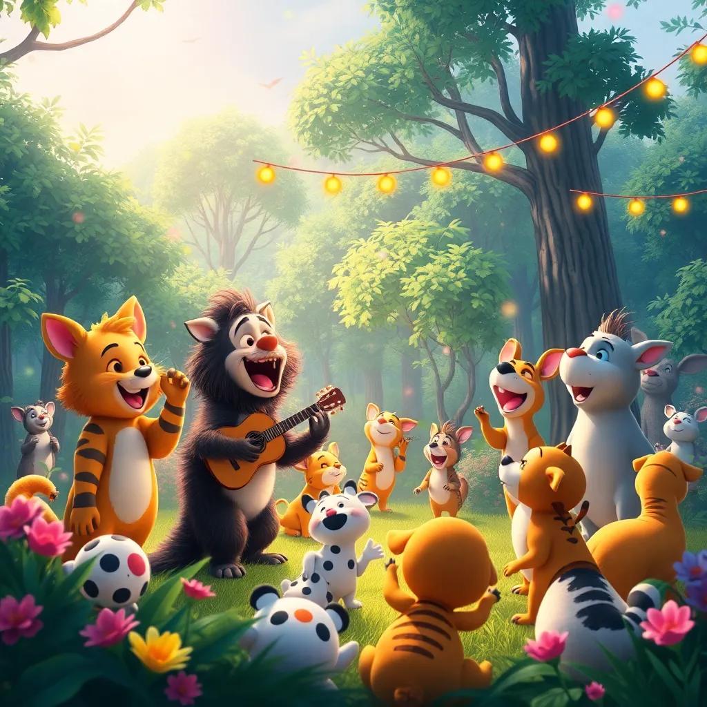 The forest alive with music, animals celebrating together, happiness and friendship shining bright, colorful scenery, joyful festival atmosphere