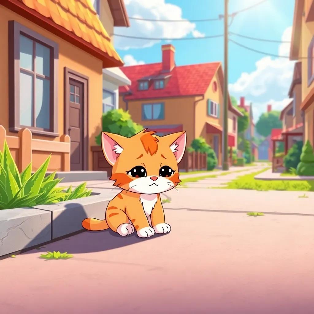 A sad little kitten sitting in a corner of a neighborhood, looking lonely, with sunlight shining brightly, cartoonish style, colorful, warm light, high angle view, cheerful atmosphere, highly detailed