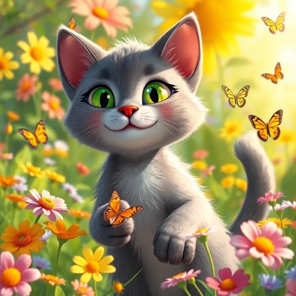 A clever gray cat named Tico with green sparkling eyes playing in a sunny garden full of flowers and butterflies, digital art, bright colors, cheerful atmosphere, high quality