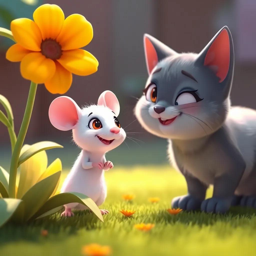 A small white mouse named Rato with a long tail, peeping from behind a flower, looking curiously at Tico, the gray cat, friendly expression, bright colors, joyful scene, warm light