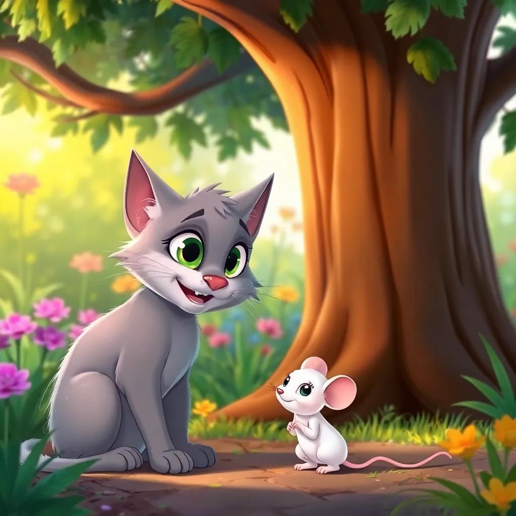 Tico, the gray cat with green eyes, speaking to Rato, the small white mouse, both smiling under a big tree in the garden, digital illustration, colorful, inviting background, high quality