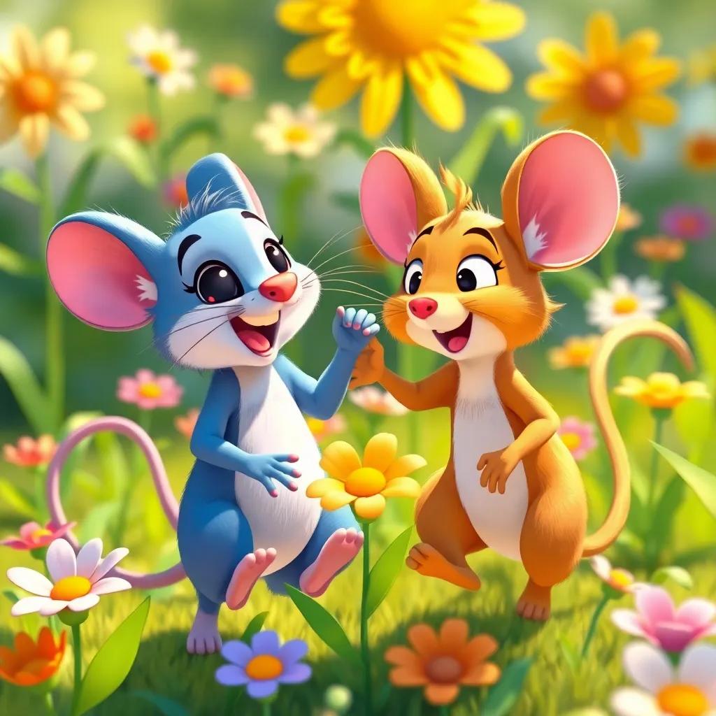 Tico and Rato playing together, Rato showing Tico how to run between flowers, with bright colors, playful atmosphere, sunny day, cheerful illustration, high quality