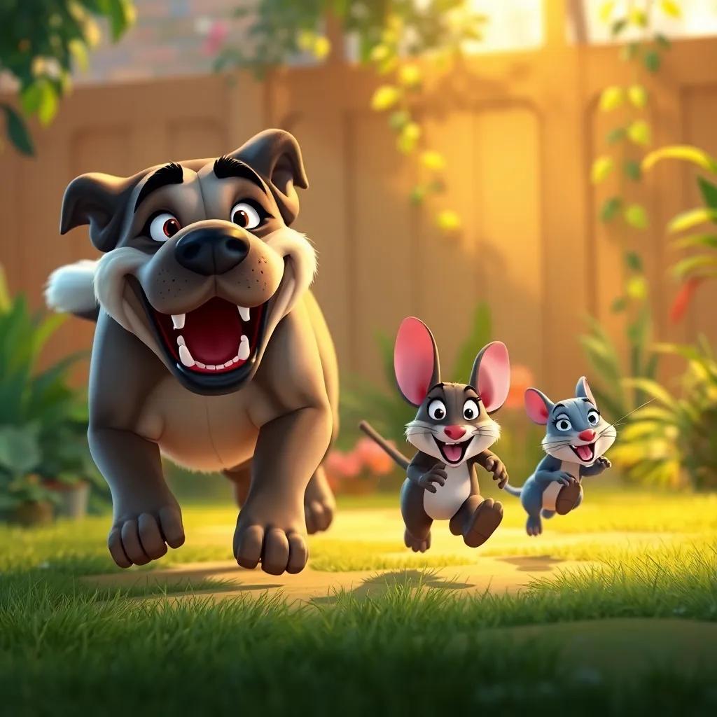 A big barking dog chasing Tico and Rato in the garden, Tico and Rato running together, determination in their eyes, colorful scene, dynamic action, warm light, illustration