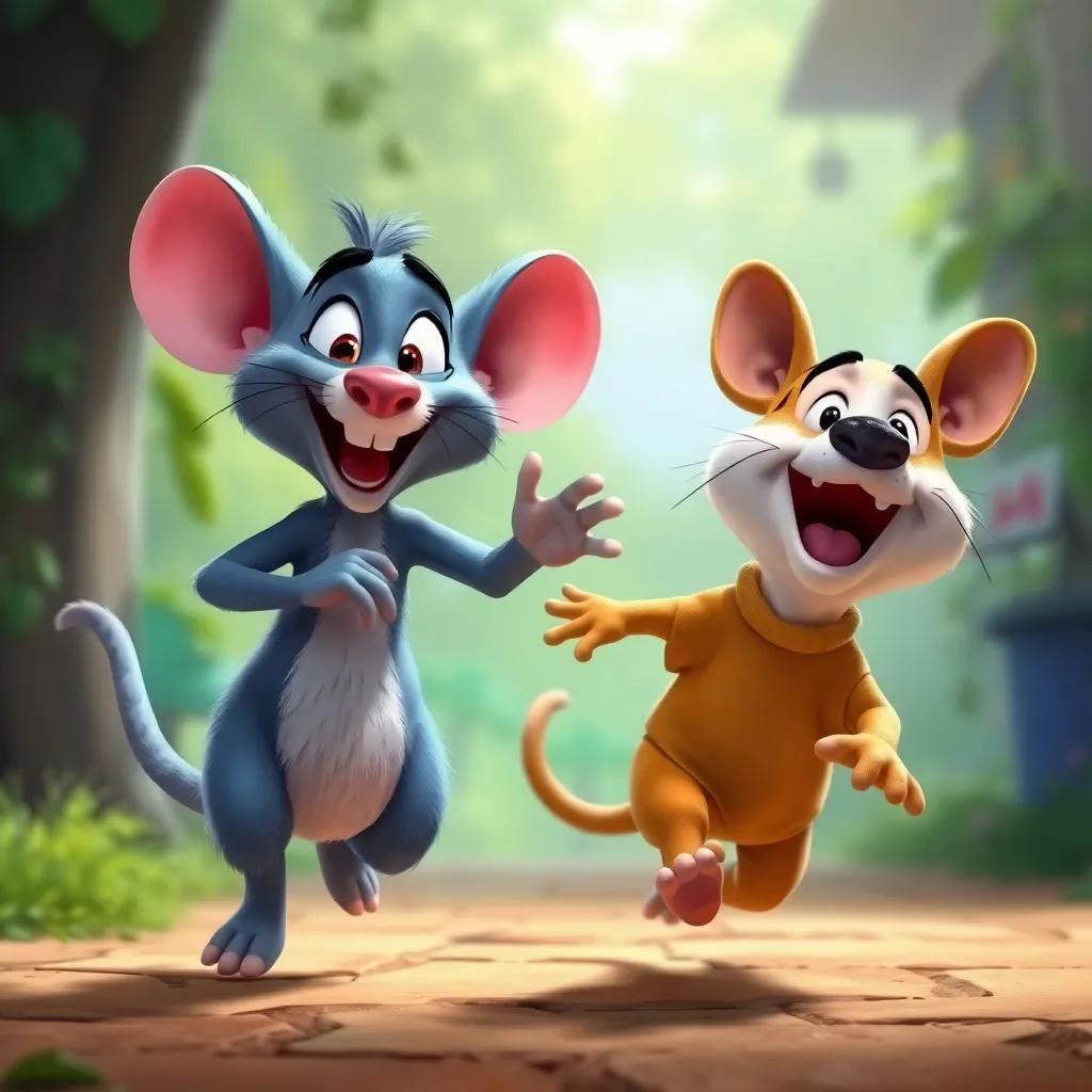 Rato encouraging Tico while running away from the barking dog, laughter in their faces, vibrant colors, joyful atmosphere, high quality digital art