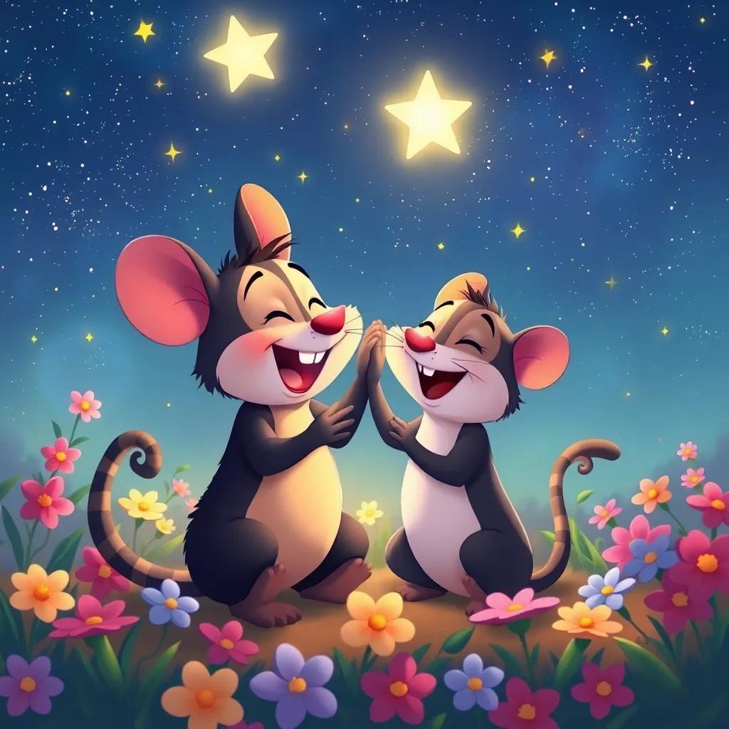 Tico and Rato happily celebrating their friendship under a starry sky, surrounded by flowers, joy and companionship in the air, colorful illustration, heartwarming scene, high quality