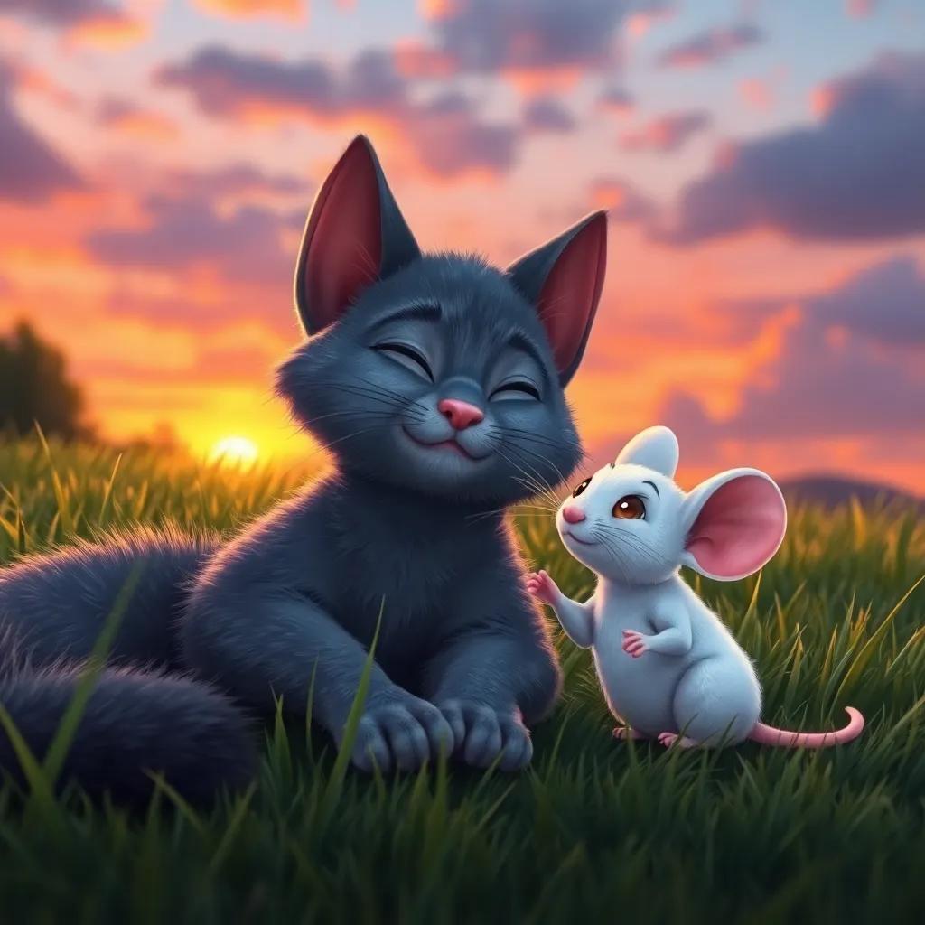 Tico the gray cat and Rato the white mouse, lying together on the grass at sunset, sharing stories, with a colorful sky behind them, peaceful atmosphere, high quality digital art