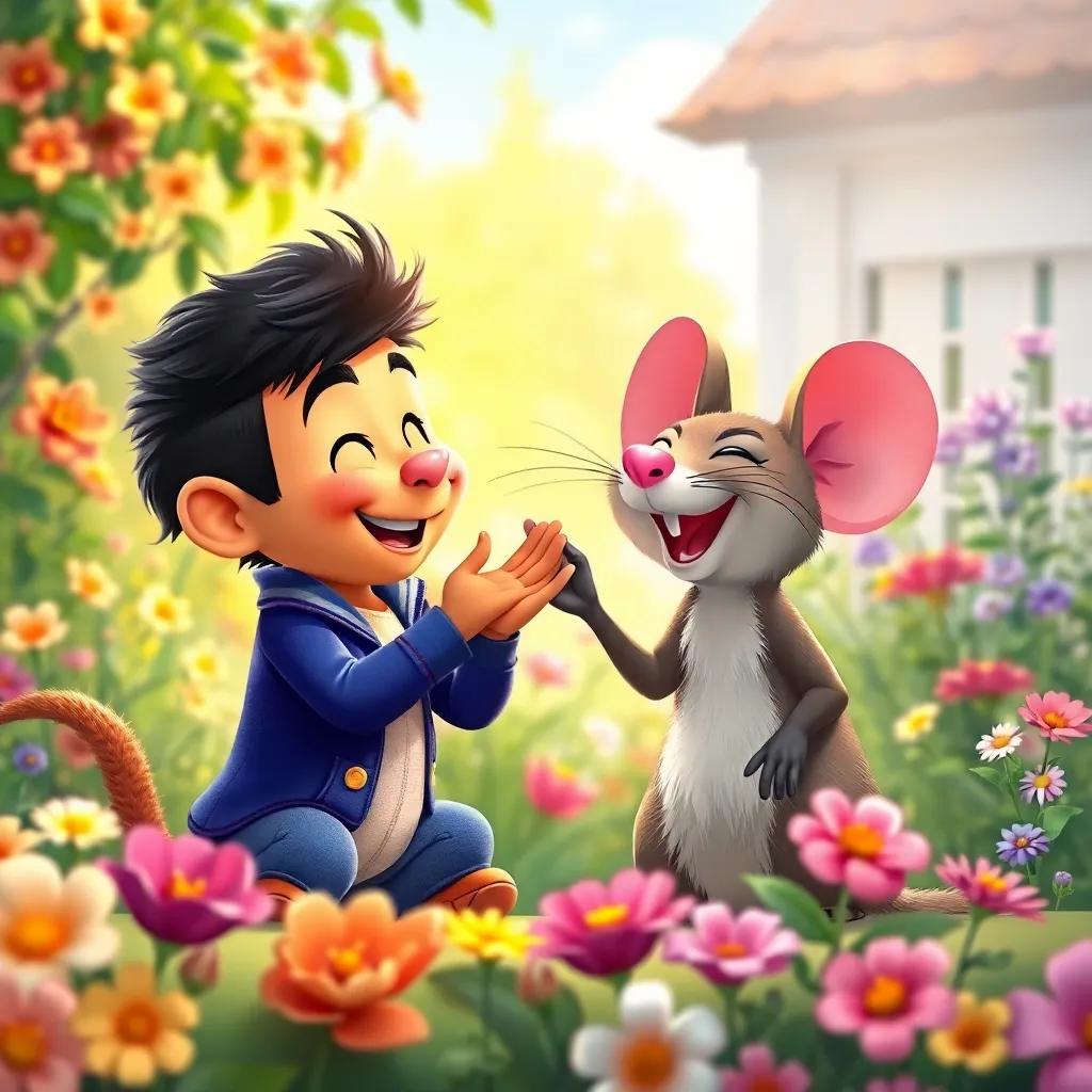 Tico and Rato facing the challenges together, with a backdrop of their garden, filled with flowers and laughter, vibrant illustration, showcasing their bond, high quality