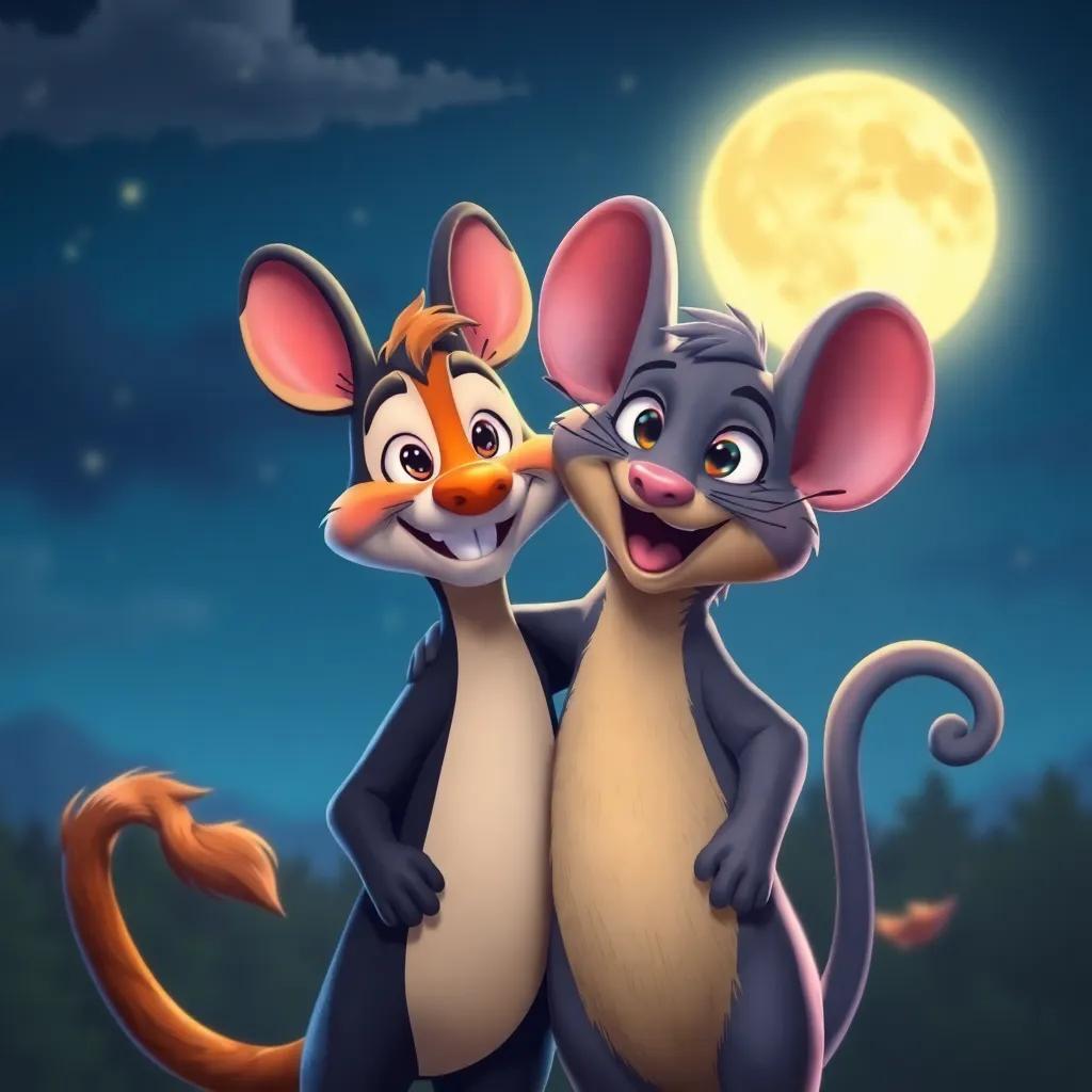 The duo, Tico and Rato, standing together smiling under the moonlight, symbolizing friendship between the two different animals, dreamy atmosphere, colorful art, high quality