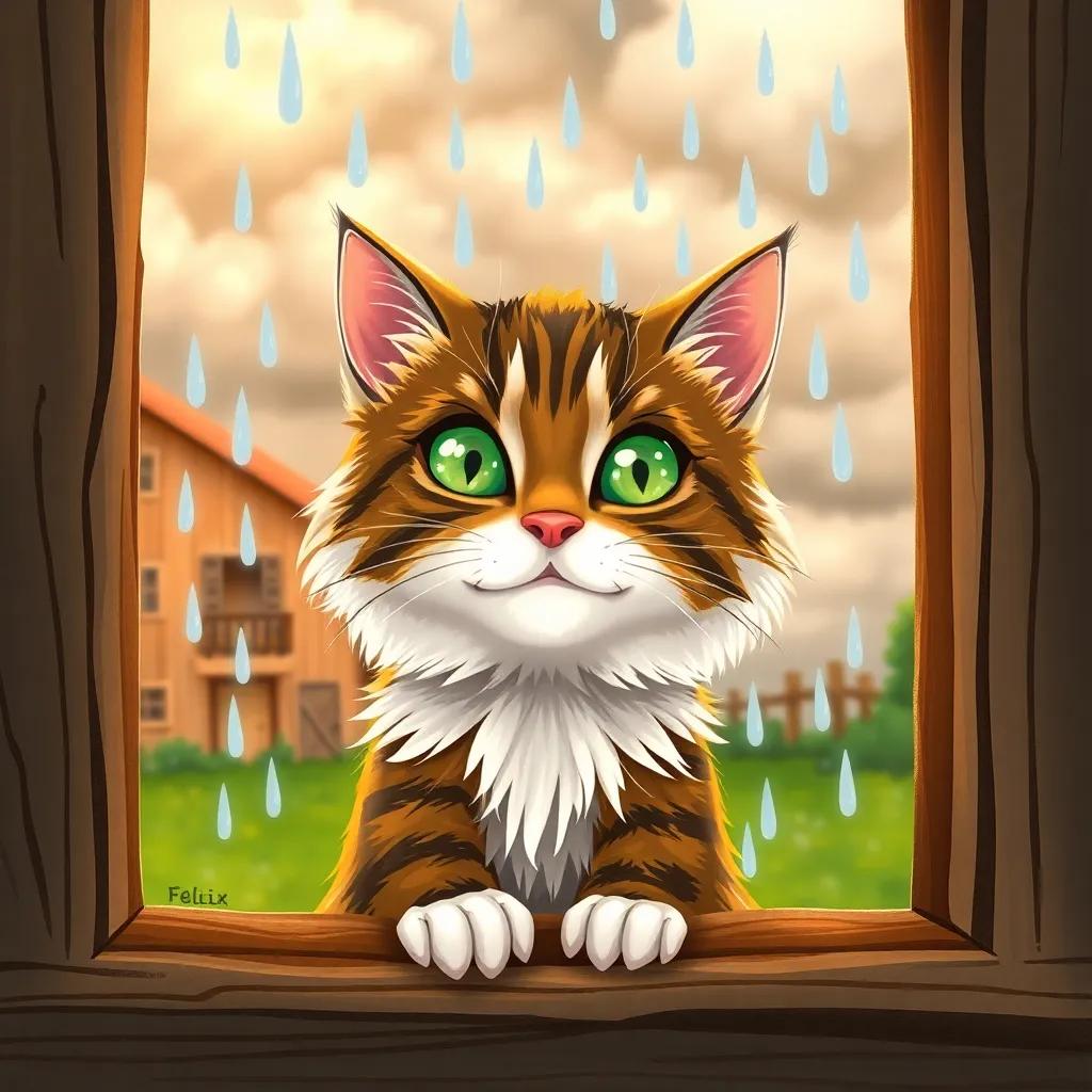 A cat named Felix, a fluffy tabby with bright green eyes, looking out of a rain-soaked window in a rustic farmhouse, with storm clouds and raindrops in the background, digital art, vibrant colors, dramatic atmosphere, close-up detail, high quality