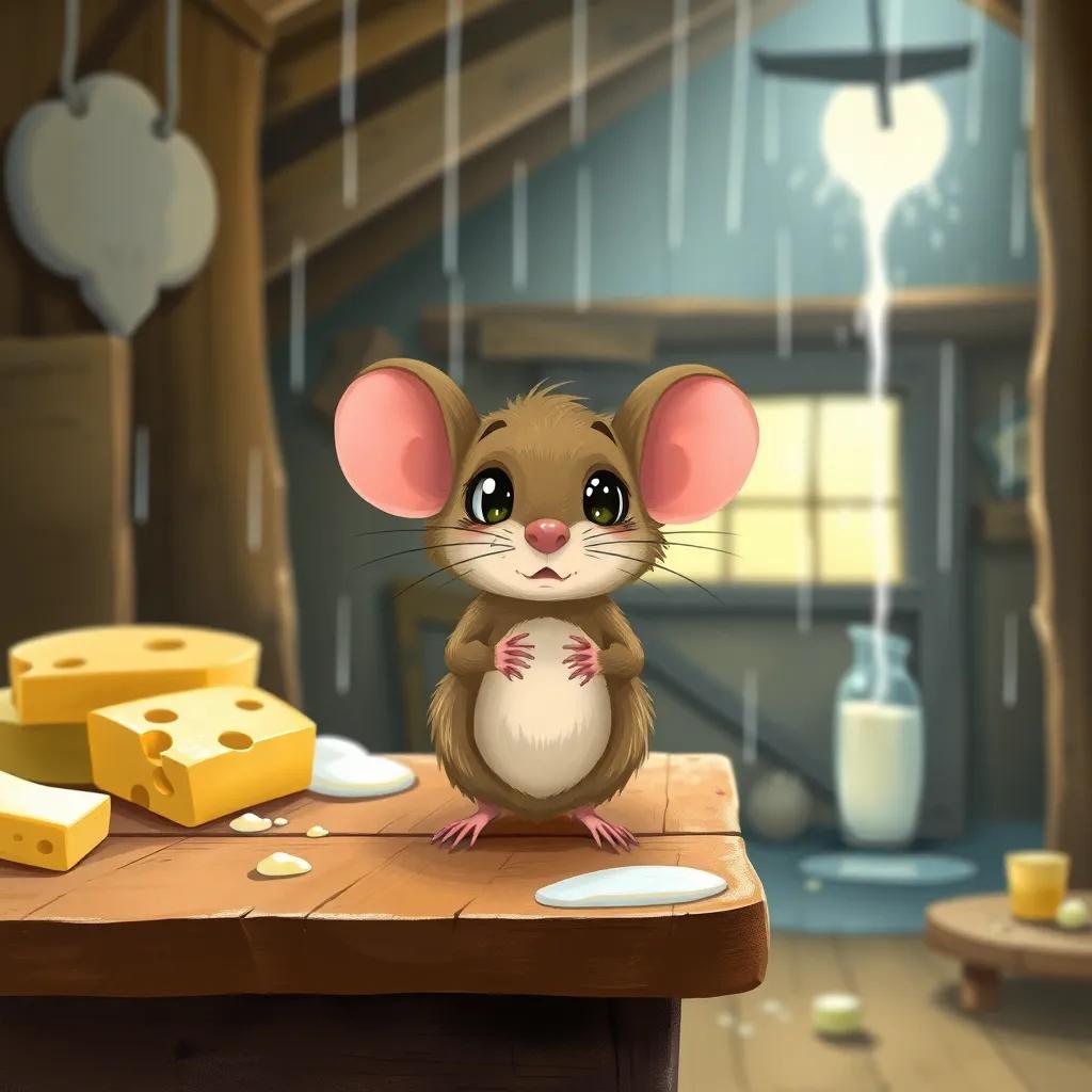 A small mouse with tiny whiskers, looking scared yet determined, standing on a wooden table in a dimly lit barn, surrounded by cheese and milk, while rain pours outside, illustration, warm colors, inviting yet suspenseful setting, child-friendly