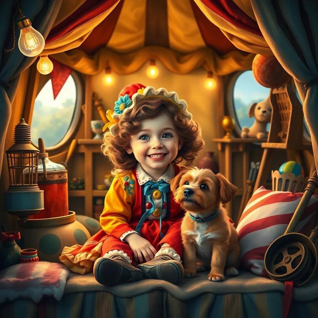 A small Portuguese girl named Solange, with curly light brown hair, wearing a colorful circus outfit, sitting in a cozy caravan filled with circus props, laughing with her small dog Jerry, warm lights, cheerful atmosphere, inviting scene, high detail