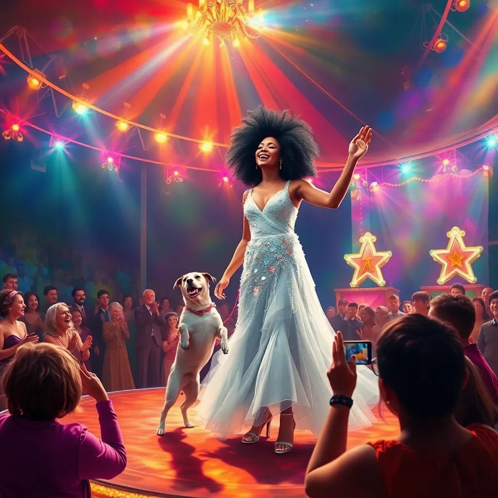 A vibrant circus scene with Solange performing on stage, wearing a sparkling white dress, accompanied by her dog Jerry, surrounded by colorful lights and applause from the audience, magical atmosphere, joyful expression, detailed art style