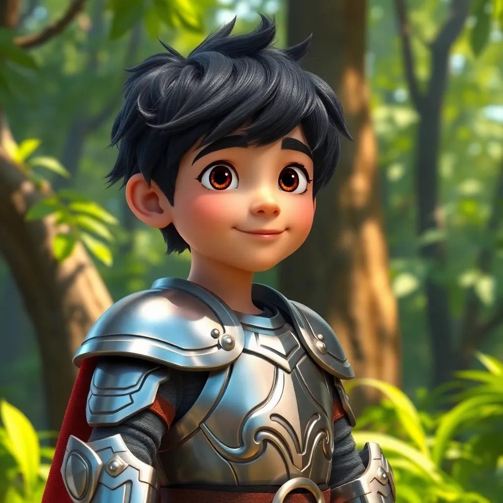 A brave warrior named Leo, a young boy with short black hair, wearing armor made of shining silver, standing in a lush green forest, looking curious, digital art, bright colors, cheerful atmosphere, high quality