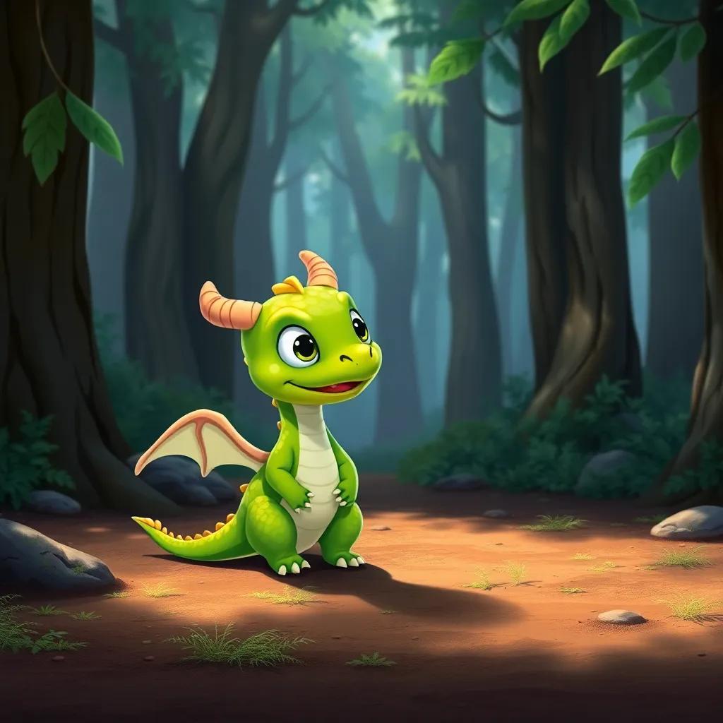A small dragon named Drago, with bright green scales and big, frightened eyes, in a clearing in the forest, looking at Leo with curiosity, illustration, friendly, cute, child-friendly