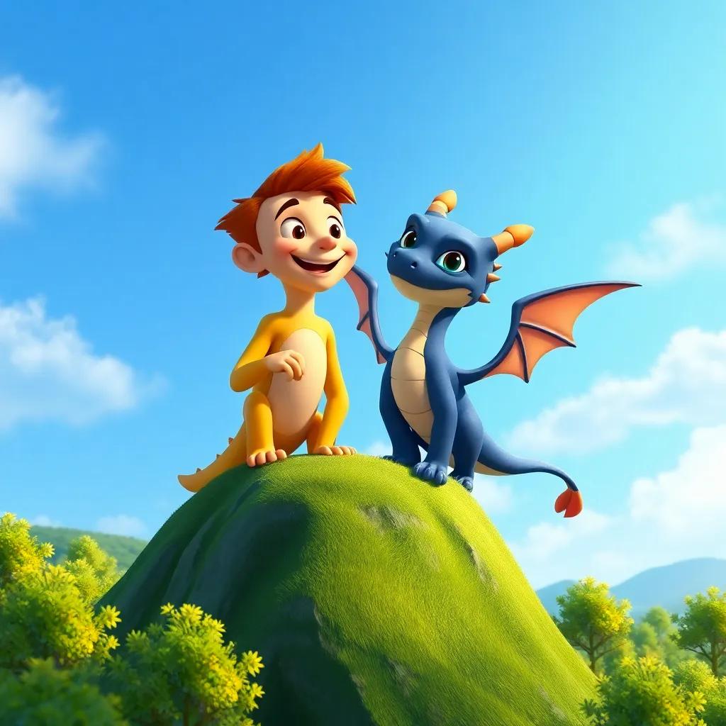 Leo smiling and encouraging Drago, who is hesitating to fly, on top of a high hill, with green trees around and blue sky above, vibrant colors, uplifting mood, high quality
