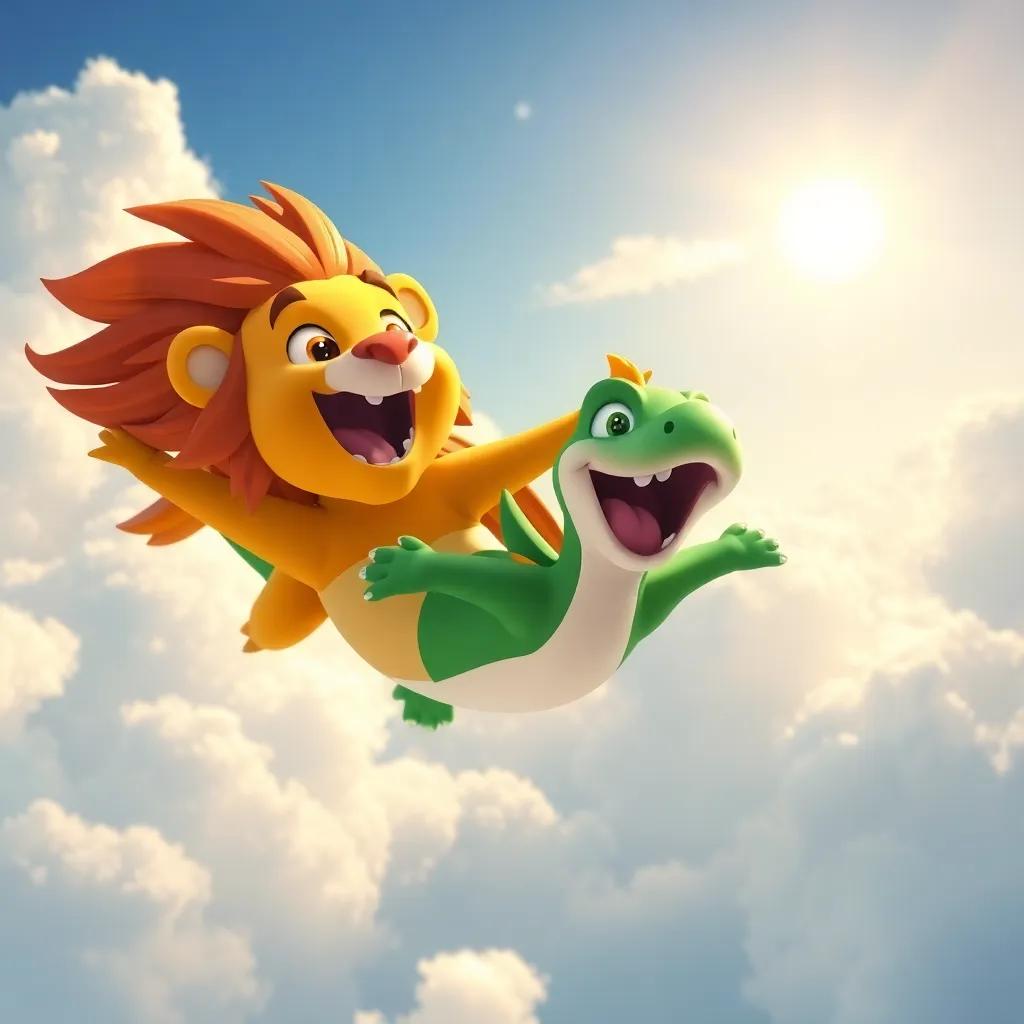 Leo and Drago soaring happily in the sky, with fluffy white clouds and bright sunshine, Drago looking joyful, playful moves, dynamic view, colorful, child-friendly