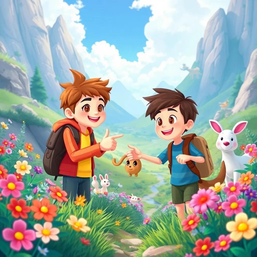 Leo and Drago exploring a magical valley, with colorful flowers and cheerful animals, Leo pointing at something interesting, together in friendship, illustration, vibrant, joyful