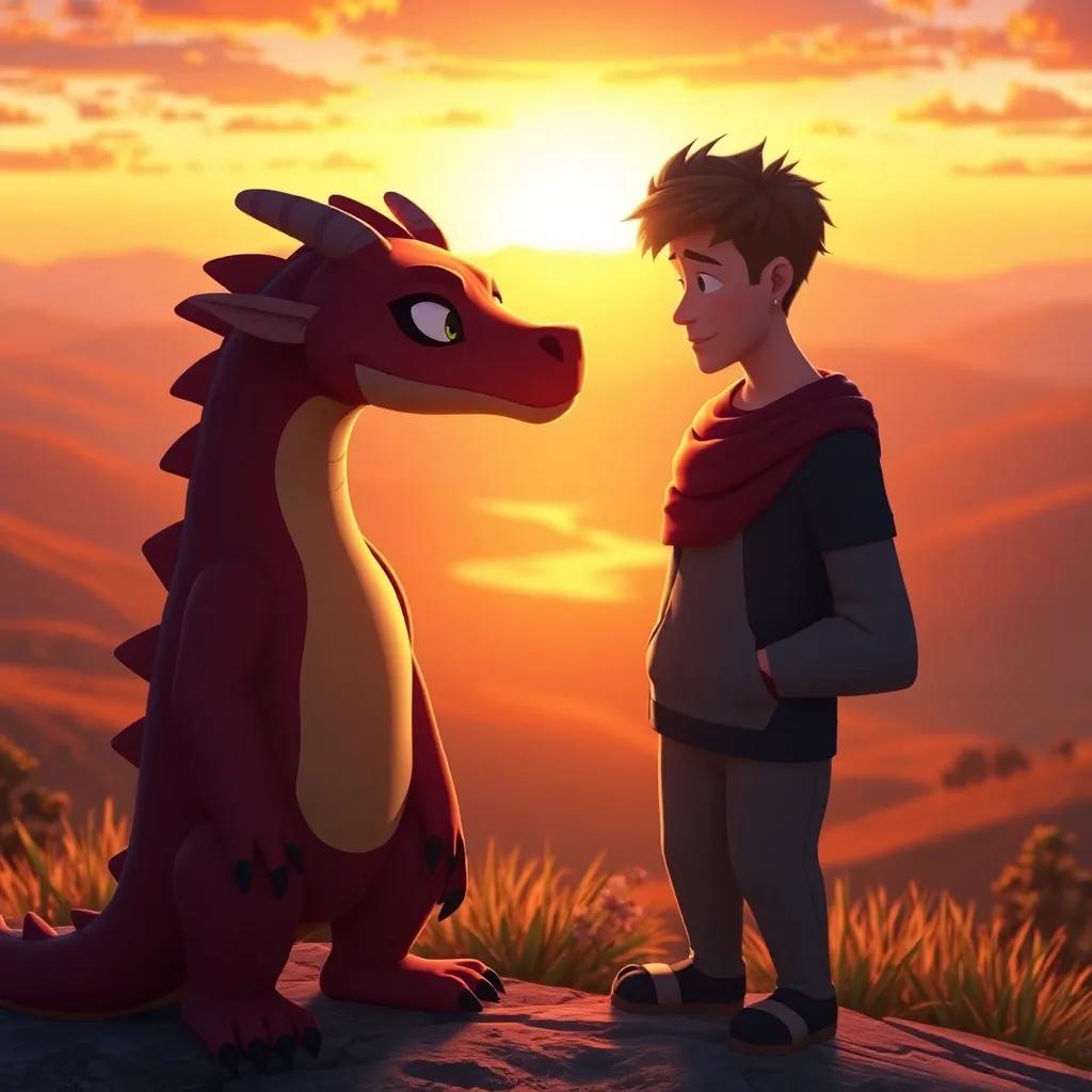 Drago looking grateful to Leo, with warm light around them, standing together on a hill during sunset, a beautiful view in the background, heartwarming, rich colors, high quality