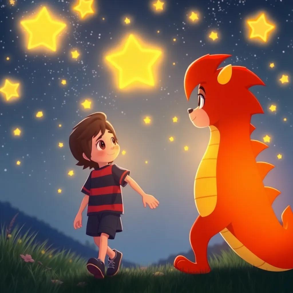 A heartwarming scene of Leo and Drago at the end of their day, walking back home together, holding hands, surrounded by twinkling stars in the night sky, hopeful and magical, digital art, vibrant colors, high quality