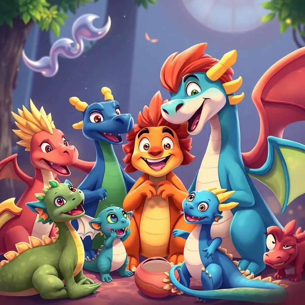 Leo and Drago having a group of friends around, with other playful dragons and creatures, sharing a happy moment, vibrant and lively atmosphere, illustration, joyful