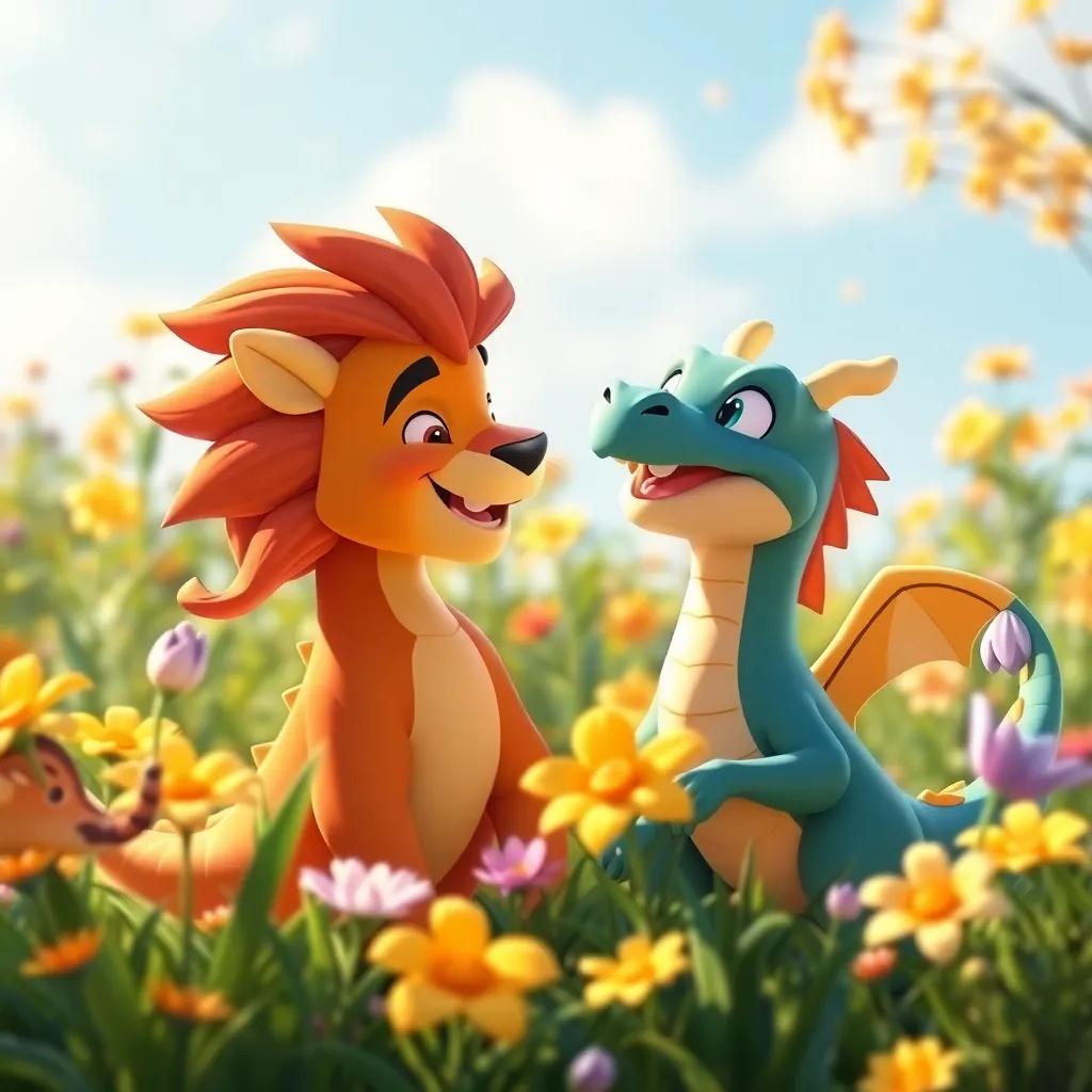 A beautiful scene depicting the strong friendship between Leo and Drago, with them looking at each other joyfully, surrounded by beautiful flowers and playful creatures, cheerful, bright colors, heartwarming, high quality