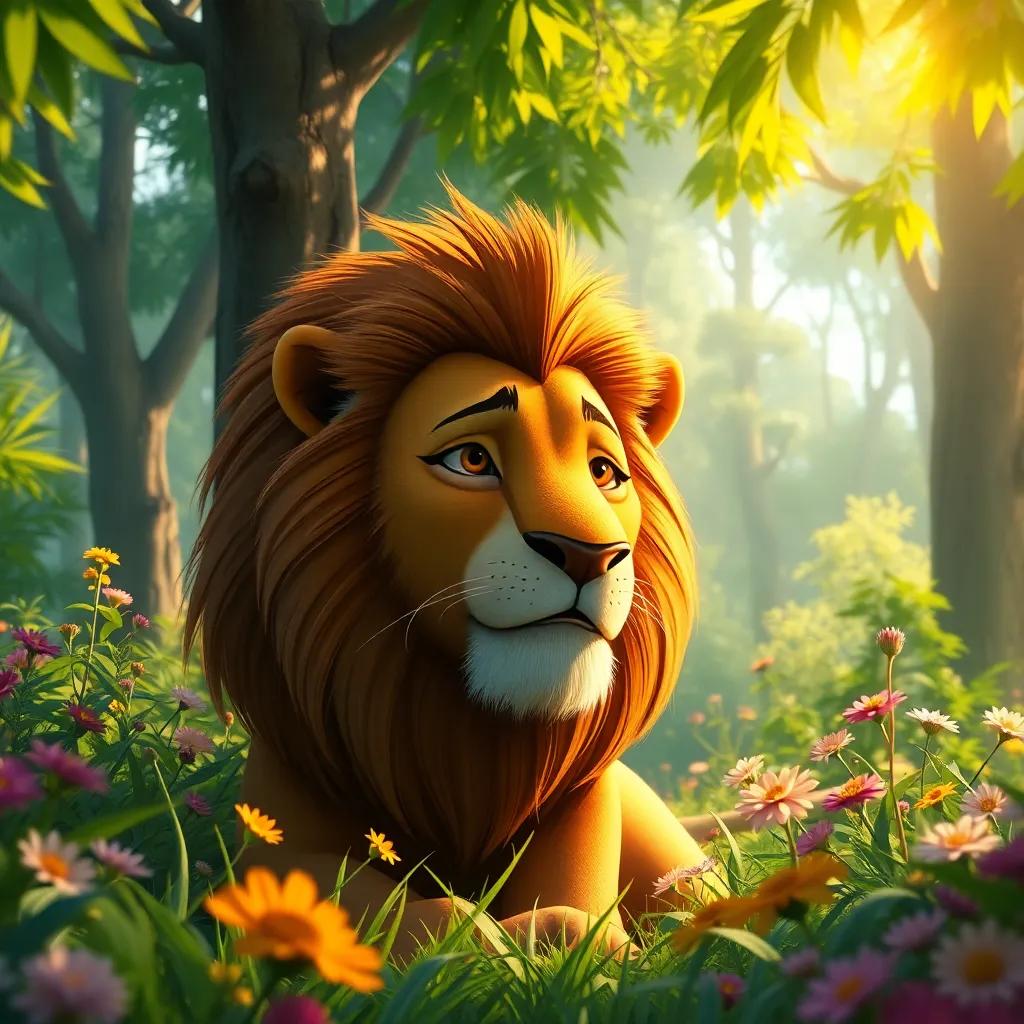 A big lion named Leo, looking sad in a lush green forest, with high trees and colorful flowers around him, digital art, vibrant colors, warm sunlight filtering through the leaves, intimate perspective, detailed and heartwarming