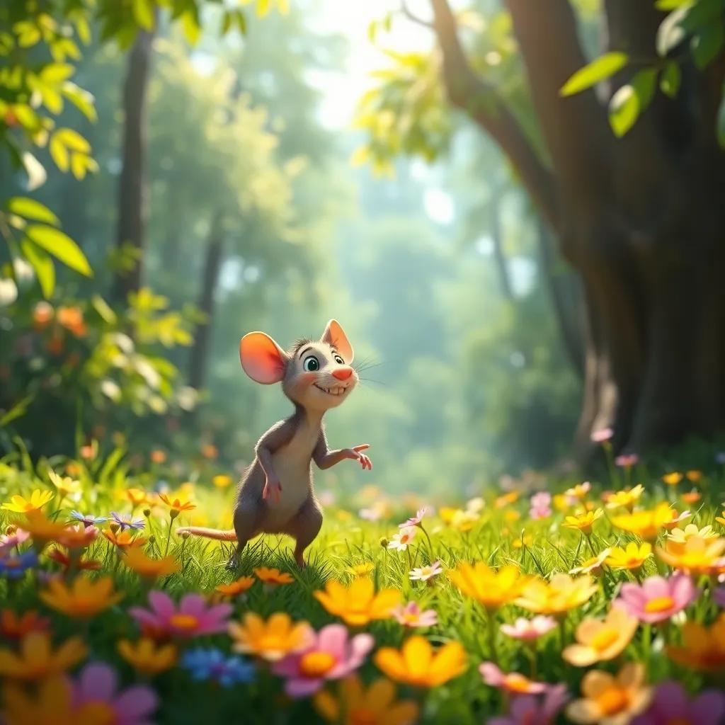 A small mouse named Rato, quickly approaching Leo with a friendly smile, in the same lush forest, colorful flowers at their feet, bright sunlight, cheerful atmosphere, high quality, playful tone
