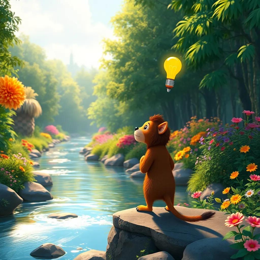A river in the forest, with Leo and Rato standing at the edge, looking at the water, Rato thinking with a light bulb above his head, colorful flora around, warming feelings, bright daylight, detailed landscape, friendly perspective