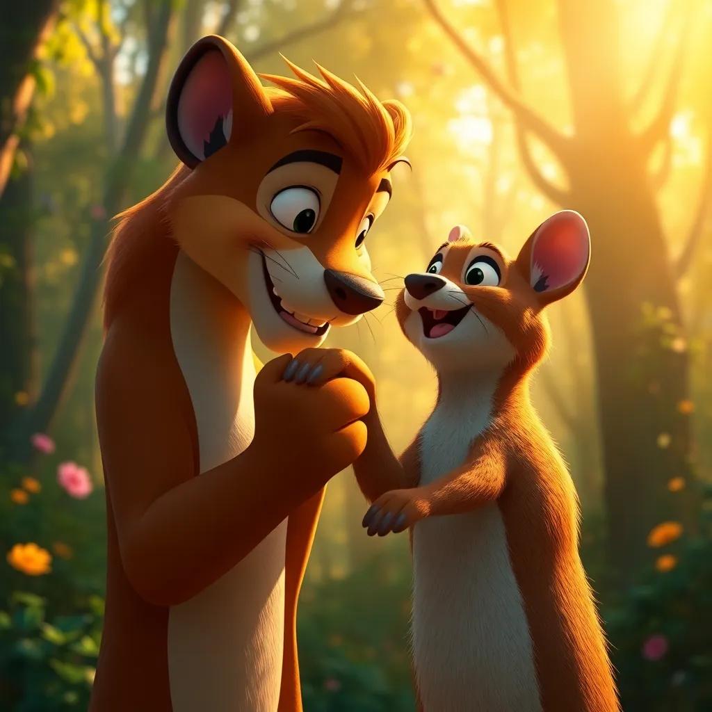 Leo gently lifting Rato with his paw, showing Rato's excited expression as he looks around for a way, forest background full of life, close-up view, warm sunlight illuminating, cheerful colors, uplifting mood