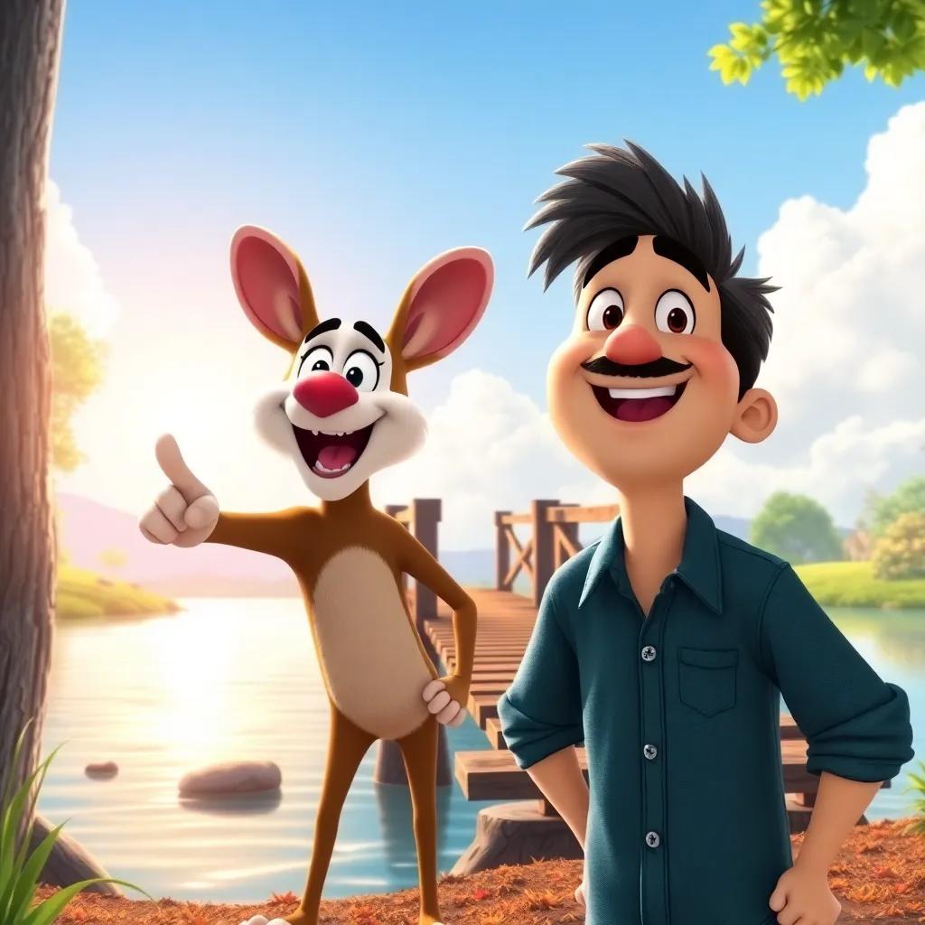 Rato pointing at a wooden bridge across the river with excitement, Leo looking happy and proud, bright sky in the background, bright colors, cheerful expressions, heartwarming scene, detailed art