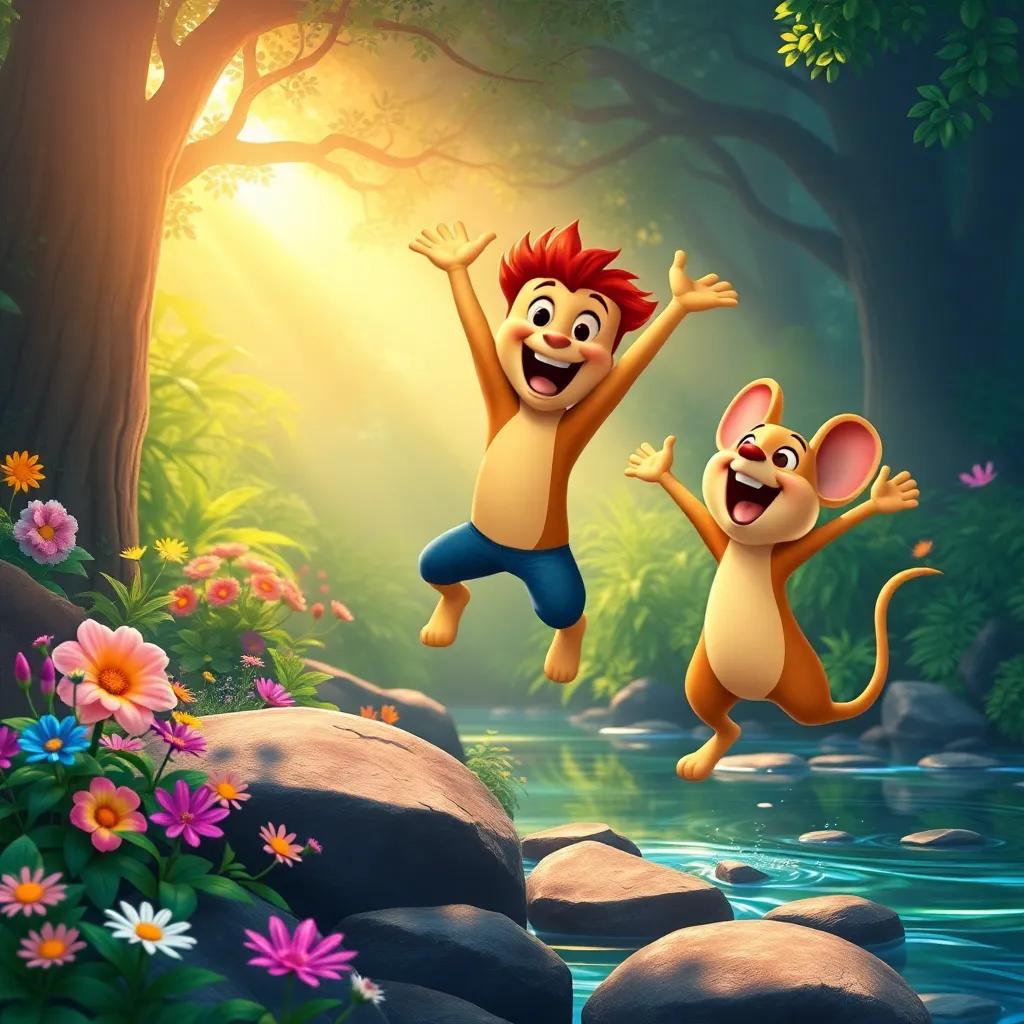 Leo and Rato celebrating on the other side of the river, jumping with joy, surrounded by the beauty of the forest, colorful flowers and bright greenery, vivid colors and light, lively atmosphere, quality illustration