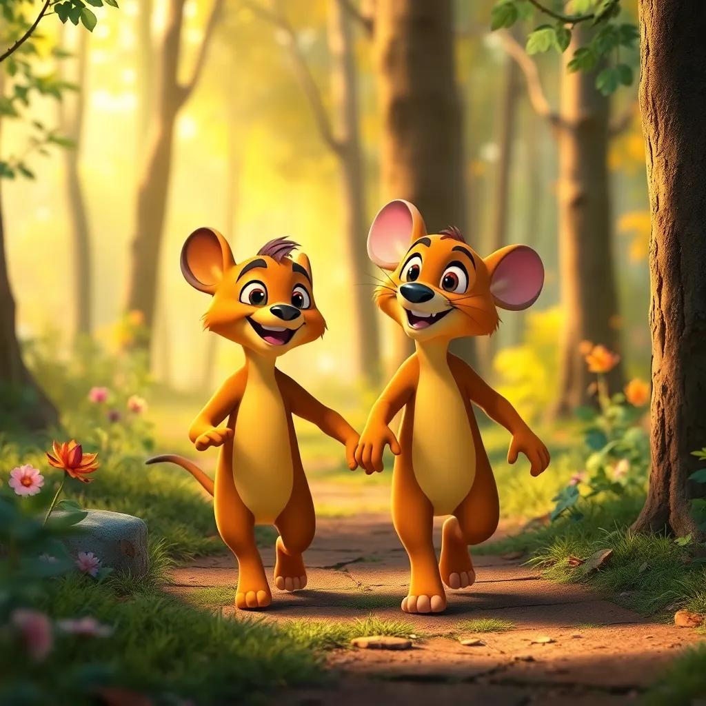 Leo and Rato walking side by side in the forest, discovering new paths together, both smiling and looking around, colorful scenery, warm light, cozy feeling, friendly perspective, high quality