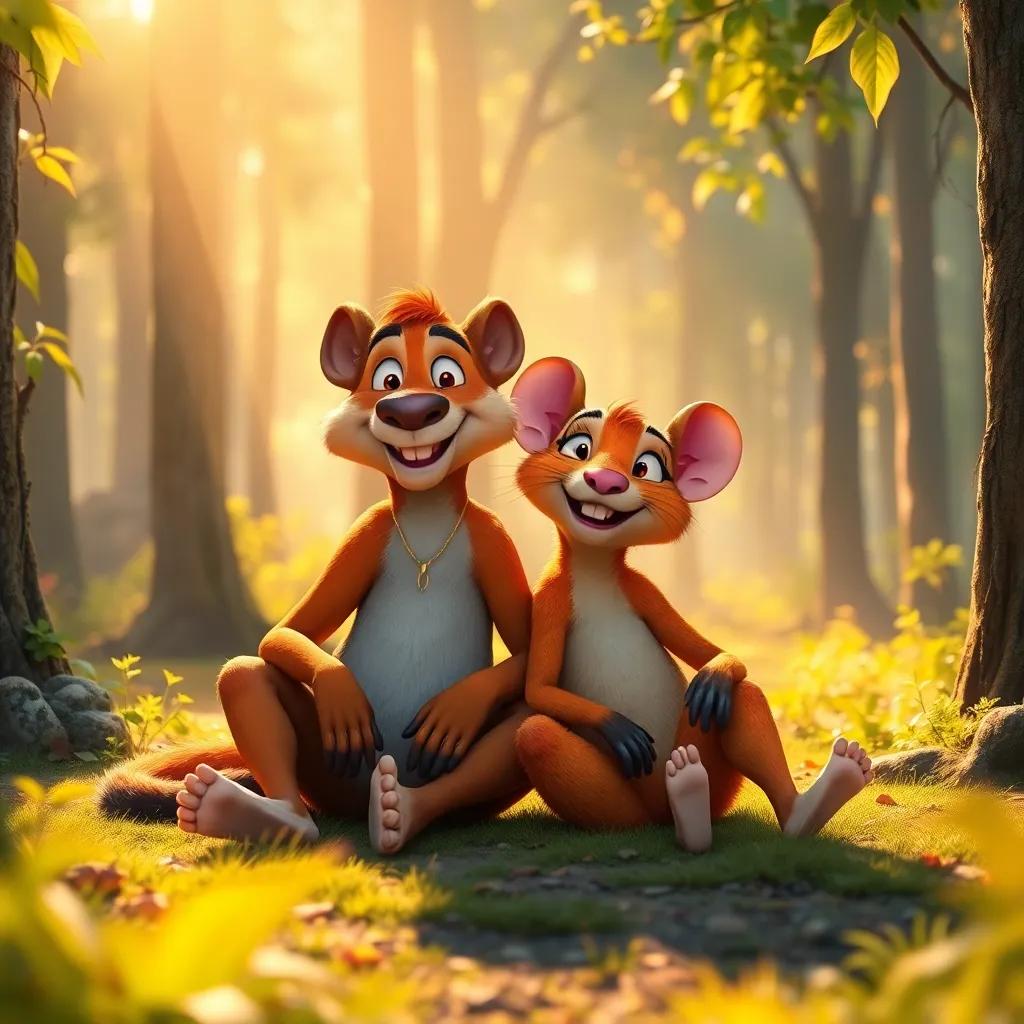 Leo and Rato sitting together, enjoying each other's company with big smiles in the forest, surrounded by nature's beauty, warm sunlight creating a magical atmosphere, vibrant colors and happy vibes, delightful art