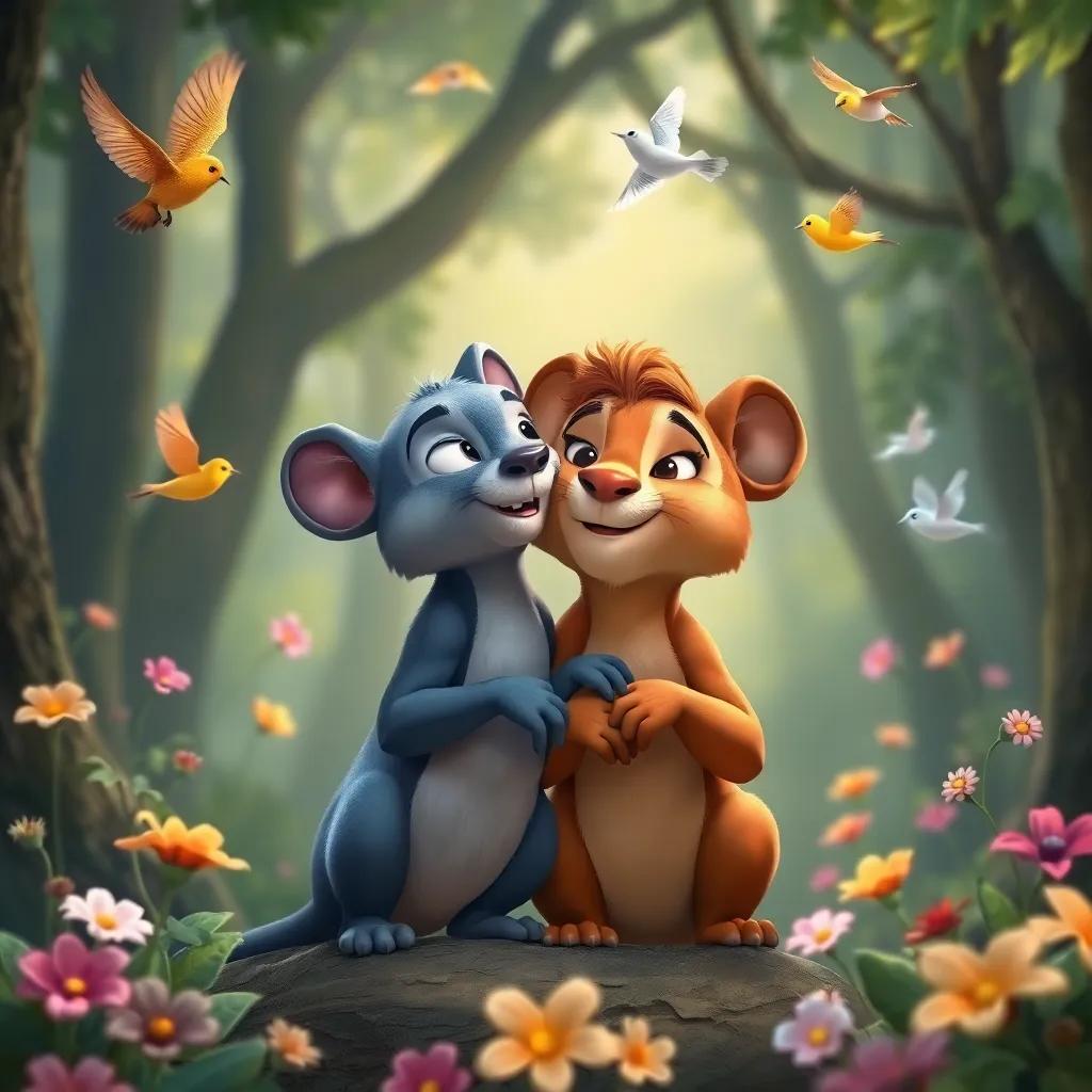 Leo and Rato sharing a close moment, both looking at the forest with wonder, depicting the magic of friendship, with birds flying and flowers blooming around, detailed forest background, charming and inviting, high quality, whimsical art