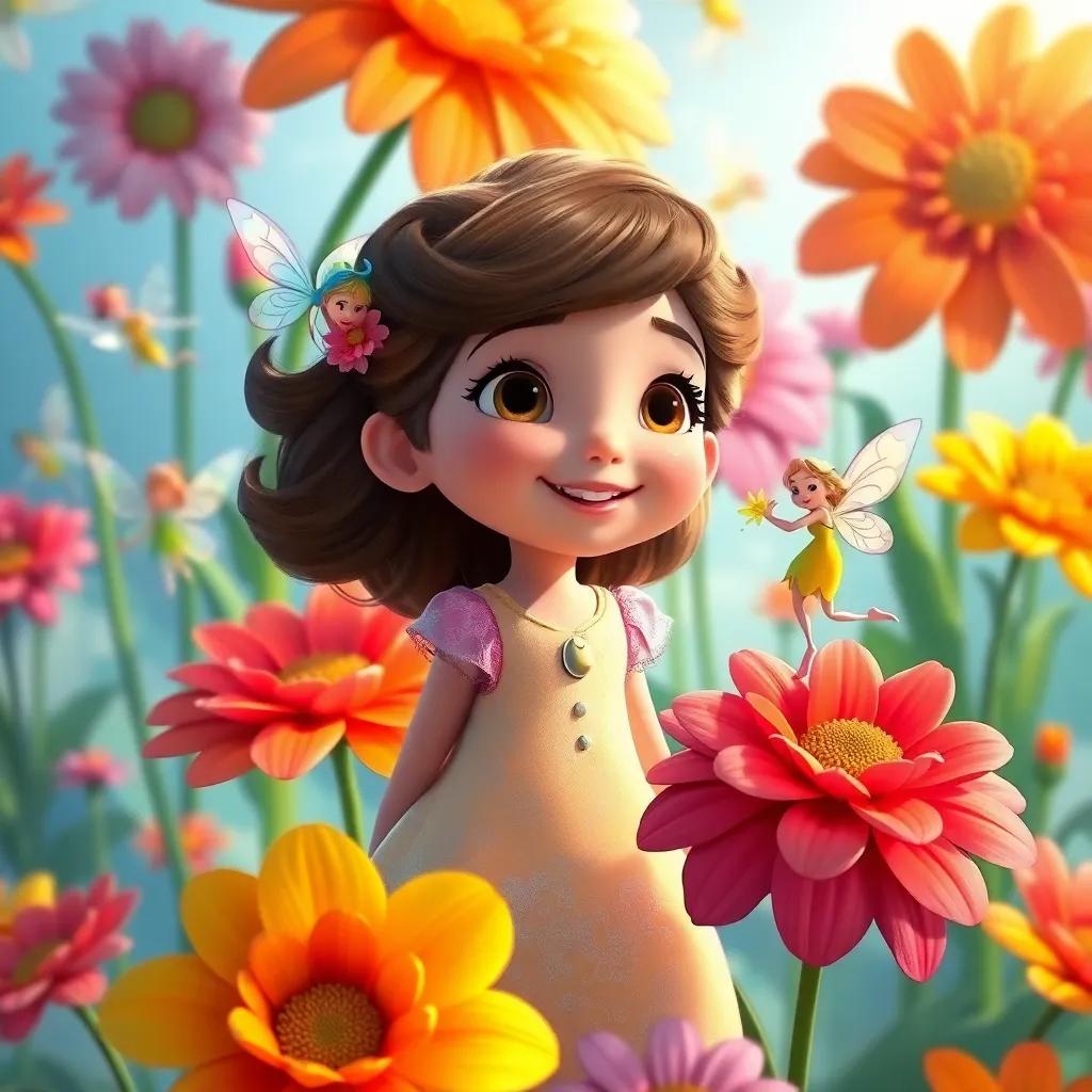 A vibrant scene of Clara surrounded by happy fairies dancing on giant colorful flowers, emphasizing joy and magic, digital illustration, bright colors, cheerful mood, high quality
