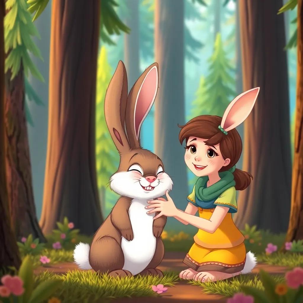 A talking rabbit in a magical forest, looking sad; Clara comforting it, wearing a friendly smile and a casual outfit, surrounded by tall, colorful trees, whimsical art, warm colors, high quality