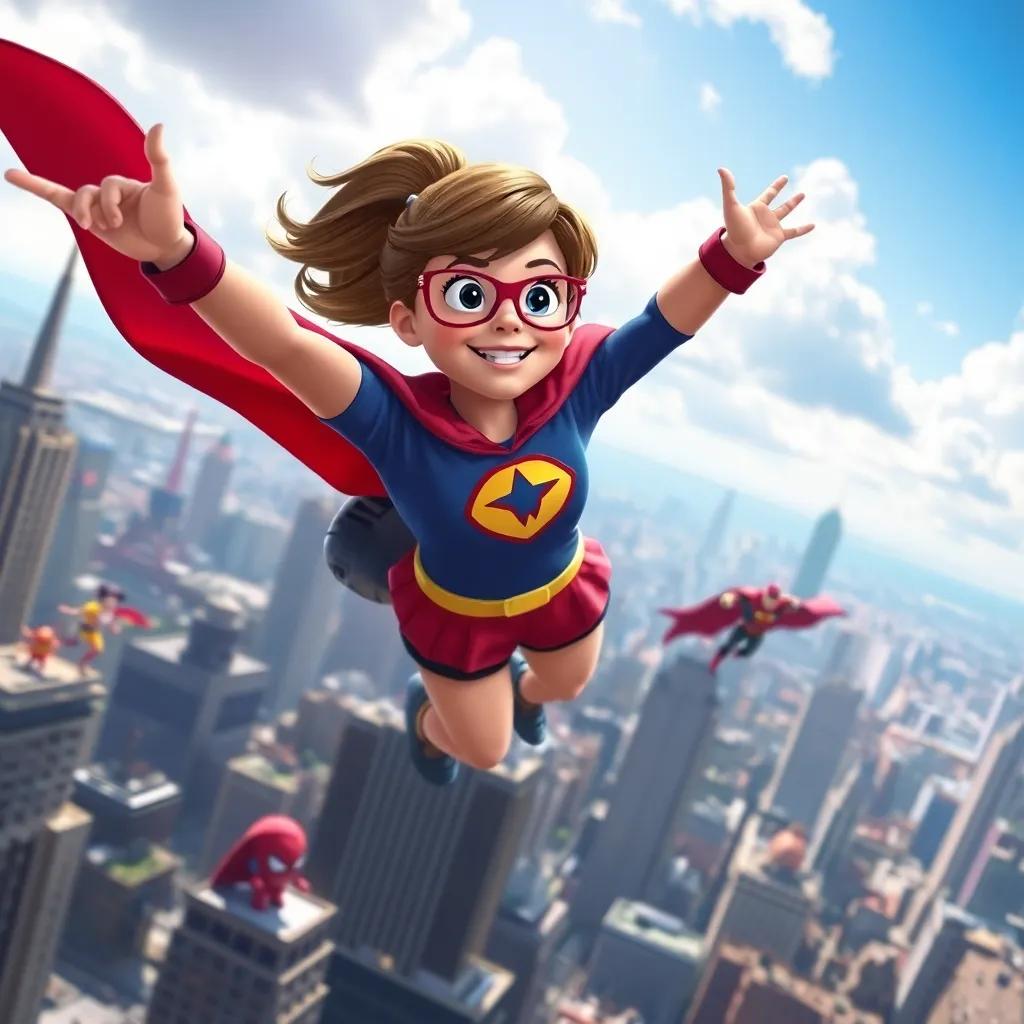 Clara dressed as a superhero with a cape flying high above a city with various superheroes; dynamic pose, bright sky, cheerful colors, lively action scene, high quality