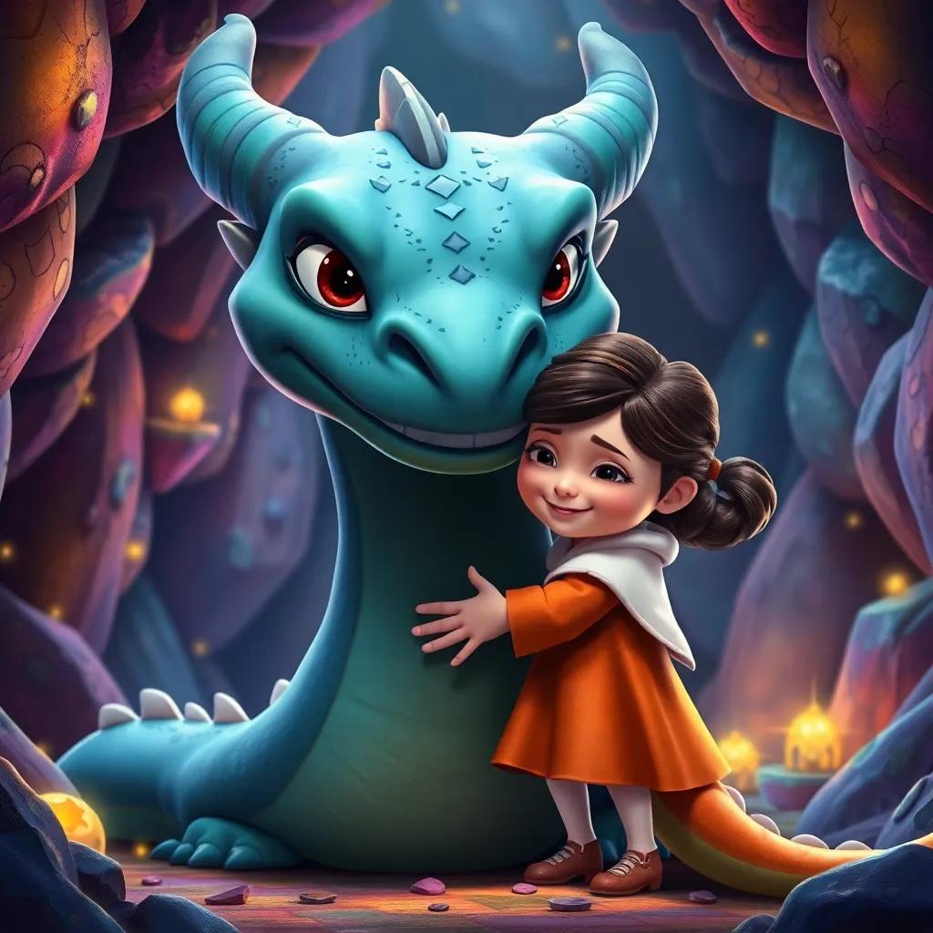 A big, friendly dragon looking sad, with Clara giving it a comforting hug, in a colorful dragon cave with sparkling treasures, heartwarming scene, warm colors, friendly atmosphere, high quality