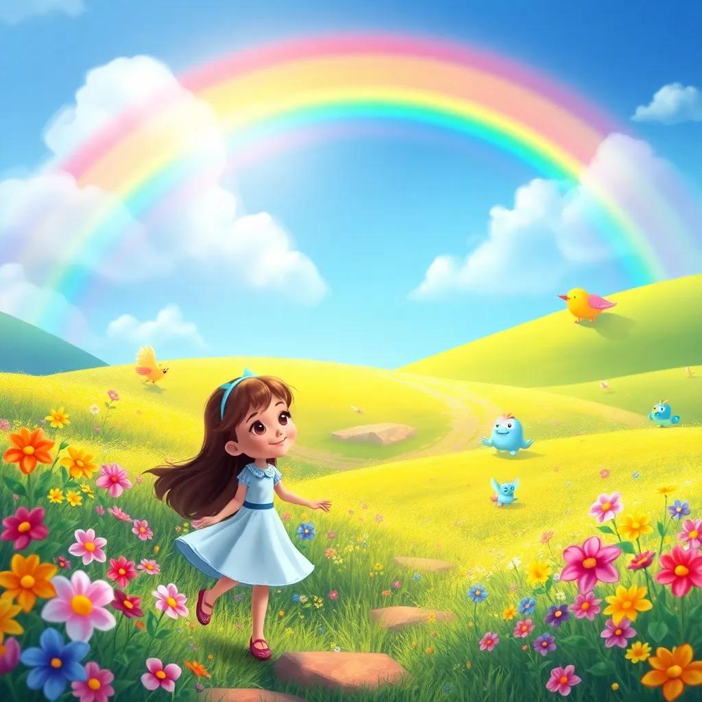 A beautiful rainbow appearing in a magical land, with Clara happily following it, colorful landscape with flowers and whimsical creatures, bright and cheerful illustration, high quality