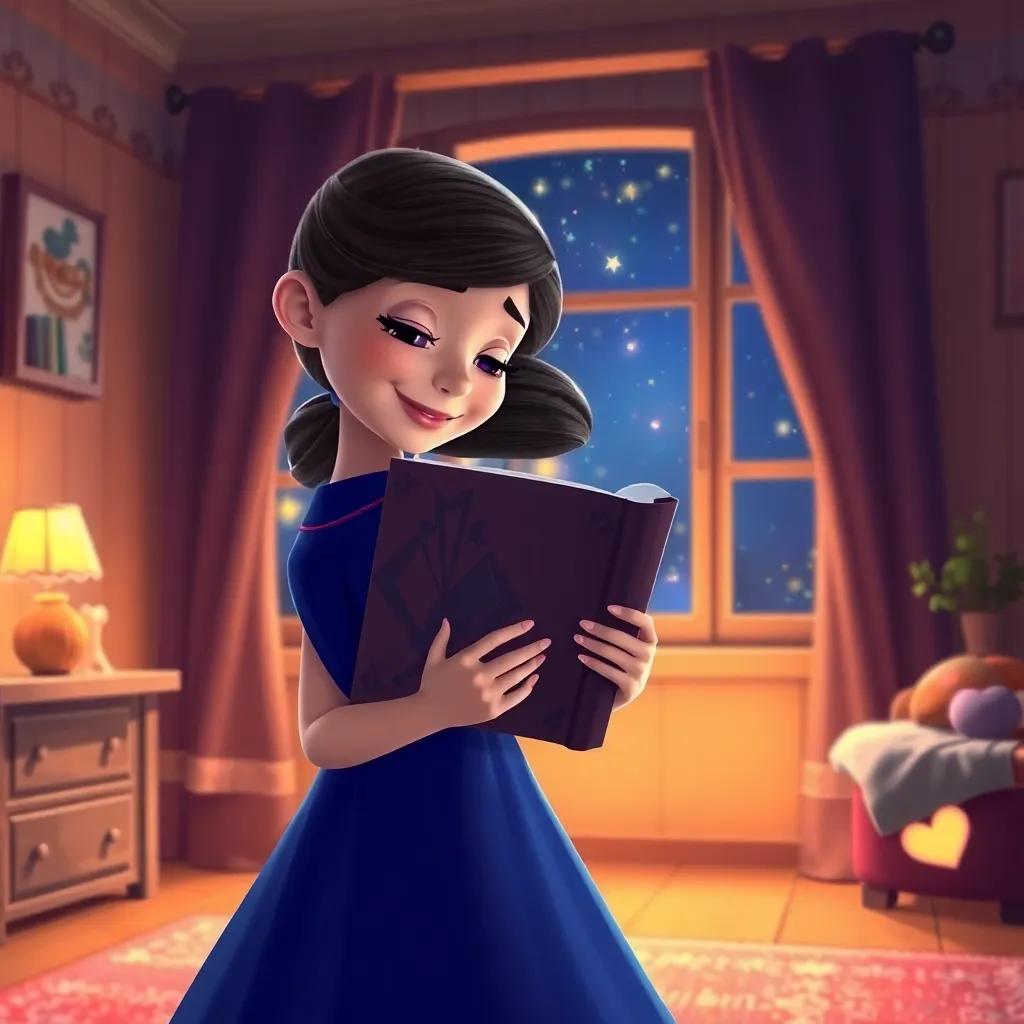 Clara back at home hugging her magical book, with a cozy room filled with stars outside the window, warm and inviting atmosphere, peaceful and loving scene, high quality