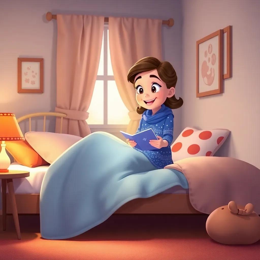 Clara sitting on her bed, telling her mother about her magical adventures, with an excited smile, illustrating a warm home environment, cozy and comforting colors, high quality