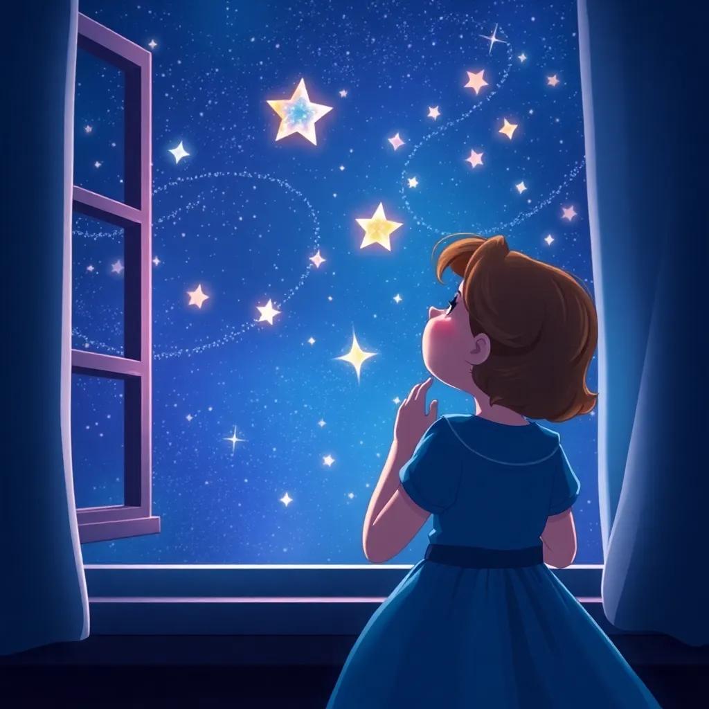 Clara gazing at twinkling stars from her window, imagining her adventures with fairies and dragons, dreamy nighttime scene, starry sky, magical atmosphere, high quality