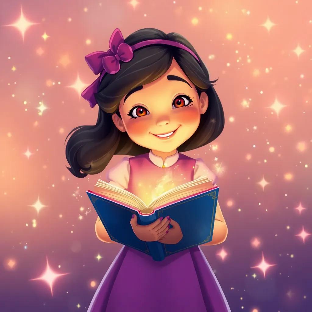 An illustration of Clara embracing her magical book on a shining starry background, emphasizing the themes of friendship and courage, warm glowing colors, joyful expression, high quality
